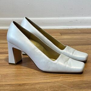 Vintage 90s Y2K Square Toe White Pearlescent Leather Pumps Heels Ann Marino Sz 7